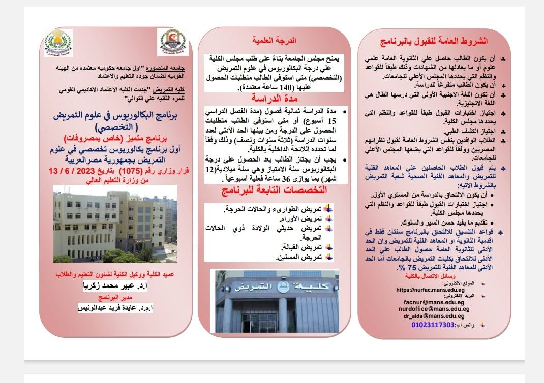 الشروط العامه للقبول ببرنامج البكالوريوس في علوم التمريض التخصصى -كليه التمريض- جامعه المنصوره للعام الجامعي 2025- 2026